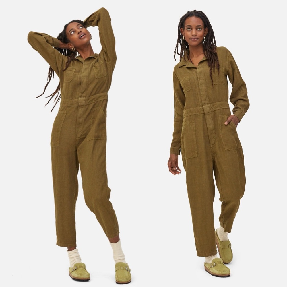 MATE THE LABEL olive green linen long sleeve utility jumpsuit M